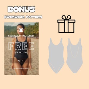 May include: An image with text that says "BONUS SWIMWEAR PATTERN" and "FREE PDF PATTERN". The image also includes a black gift box icon, a black swimsuit, and a woman wearing a black swimsuit.