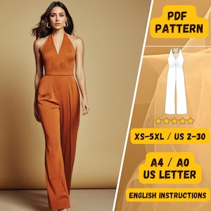 Puede incluir: Patrón de costura PDF para un mono halter con piernas anchas. El patrón está disponible en tallas XS-5XL y tallas españolas 34-52. El patrón se imprime en papel A4, AO o tamaño carta US e incluye instrucciones en inglés.