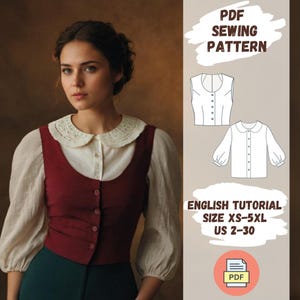 Op de afbeelding: Een PDF-naaipatroon voor een vintage-geïnspireerd blouse met een Peter Pan-kraag en een vest. Het patroon bevat een Engelse tutorial en is verkrijgbaar in de maten XS-5XL (NL 34-52).