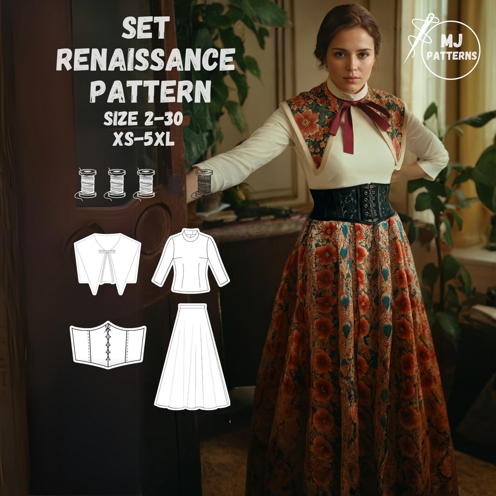 Printable Renaissance Dress Patterns Renaissance Costume Sewing Pattern Set – PDF Tutorial – Includes Top ...