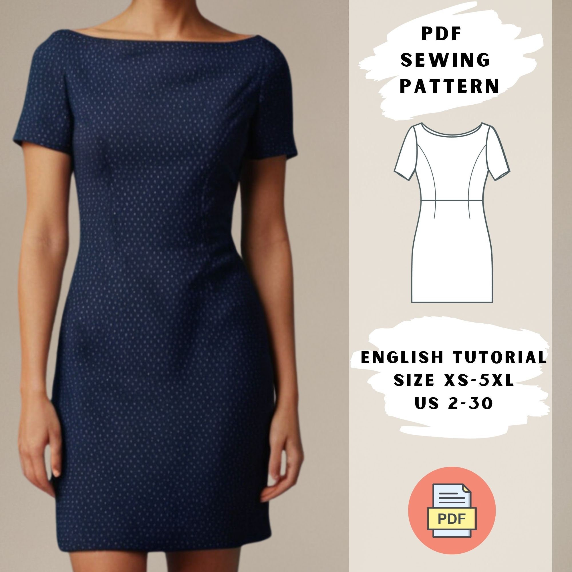 Simple Dress Sewing Pattern, Boat Neck, Short Sleeve, PDF Easy Sewing Pattern Women Summer Dress