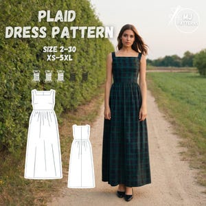 Plaid Dress Sewing Pattern, Square Neck Maxi Dress, PDF Sewing Pattern for Women, Cottagecore Dress Pattern, XS - 5XL