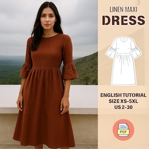 Linen Maxi Dress Sewing Pattern PDF – Women’s Flared Sleeve Dress – Sizes XS–5XL – Cottagecore Boho Style – Instant Download
