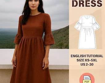 Linen Maxi Dress Sewing Pattern PDF – Women’s Flared Sleeve Dress – Sizes XS–5XL – Cottagecore Boho Style – Instant Download