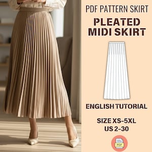 Puede incluir: Se muestra una falda midi plisada beige, usada por una persona. La falda tiene cintura alta y llega a la pantorrilla. El texto a la derecha dice "PDF PATTERN SKIRT PLEATED MIDI SKIRT ENGLISH TUTORIAL SIZE XS-5XL US 2-30".