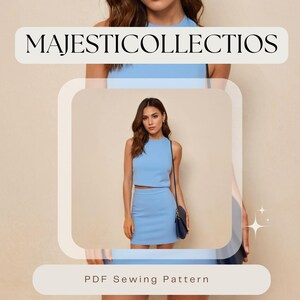 May include: A PDF sewing pattern for a light blue crop top and matching skirt. The pattern is shown on a model wearing the finished garment.