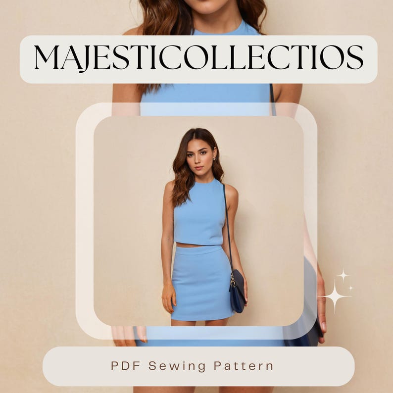 May include: A PDF sewing pattern for a light blue crop top and matching skirt. The pattern is shown on a model wearing the finished garment.