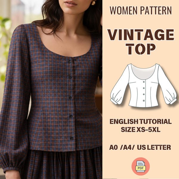 Vintage Blouse Sewing Pattern PDF | Bishop Sleeve Button Top XS–5XL | Plaid Blouse |Scoop neck | Buttons up Shirt