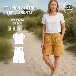 Könnte beinhalten: Eine Frau trägt ein weißes Leinenoberteil und senffarbene Leinen-Shorts. Das Bild enthält ein Schnittmuster für ein Oberteil und Shorts sowie Garnrollen. Der Text auf dem Bild lautet: "SET LINEN CLOTHES TOP / SHORTS" und "SIZE XS-5XL US 2-30".