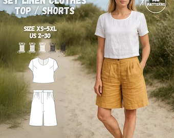 Linen Top and Bermuda Shorts Sewing Pattern Set PDF | Summer Co-Ord Minimalist Outfit | Wide Leg Shorts | Loose Fit | Short Sleeve | Pleated