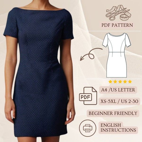 Patrón de costura de vestido sencillo, cuello barco, manga corta, PDF Patrón de costura fácil vestido de verano de mujer