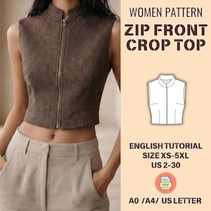 以下が含まれることがあります： 茶色のジッパーフロントクロップトップ、ハイカラー。 ノースリーブトップは、テクスチャ加工された外観です。 画像には「WOMEN PATTERN ZIP FRONT CROP TOP」と「ENGLISH TUTORIAL SIZE XS-5XL US 2-30」というテキストが含まれています。