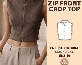 Top corto sin mangas con cremallera frontal: chaleco minimalista de mezcla de lino con cuello alto y chaqueta