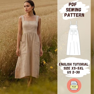 Linen Straps Dress Sewing Pattern, Gathered Skirt, Long Dress, Sleeveless Dress, PDF Tutorial Pattern, Square Neck Dress with Pockets