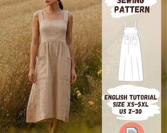 Modello di cucito per abito con spalline in lino, gonna arricciata, abito lungo, abito senza maniche, modello tutorial PDF, abito con scollo quadrato e tasche
