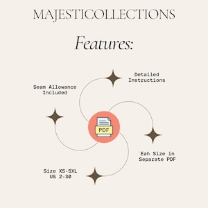May include: Diagram showing features of a sewing pattern. The features include seam allowance included, detailed instructions, and each size in a separate PDF. The pattern is available in sizes XS-5XL and US sizes 2-30.
