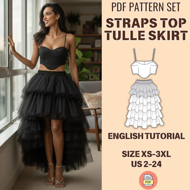 Tulle Skirt and Spaghetti Straps Crop Top Sewing Pattern PDF ...