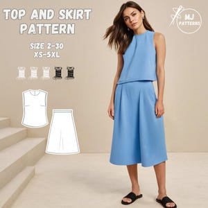 High Collar Top and A-Line Skirt Sewing Pattern PDF, Set Bundle Women&#39;s Outfit Pattern, Summer Sleeveless Top Digital Download, XS-5XL, 2-30
