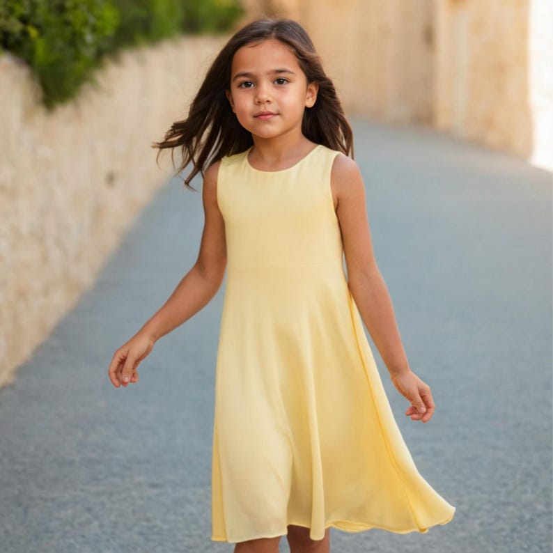 May include: A young girl wearing a sleeveless, pale yellow dress. The dress has a simple, A-line silhouette and a round neckline.