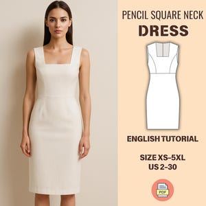 Peut inclure: Une femme porte une robe crayon crème avec un col carré et un design sans manches. L'image comprend le texte "PENCIL SQUARE NECK DRESS", "ENGLISH TUTORIAL" et des informations de taille : XS-5XL, US 2-30.
