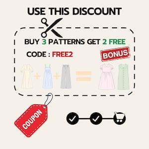 May include: A coupon for a discount on sewing patterns. Buy 3 patterns and get 2 free. Use code FREE2. The coupon is red with white text. The image shows a variety of clothing patterns, including dresses and pants.