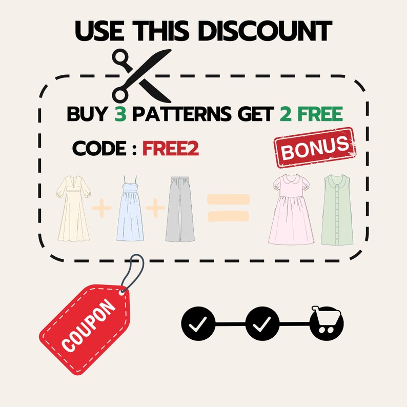 May include: A coupon for a discount on sewing patterns. Buy 3 patterns and get 2 free. Use code FREE2. The coupon is red with white text. The image shows a variety of clothing patterns, including dresses and pants.