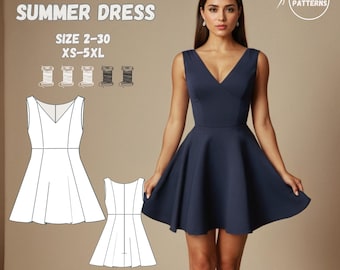 Fit and Flare Dress Sewing Pattern – V-Neck Circle Skirt Dress PDF – DIY Evening Cocktail Dress Pattern - PDF