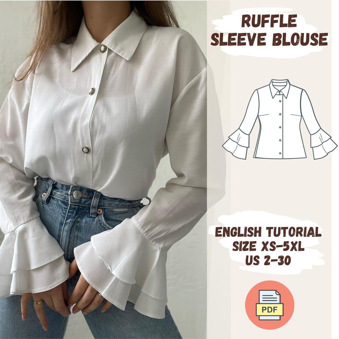 Ruffle Sleeves Blouse PDF, Girl Blouse Pattern, Bell Sleeve Pdf Sewing ...