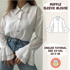Rüschenärmel Bluse PDF, Mädchen Bluse Schnittmuster, Bluse mit Trompetenärmeln nähen, XS - 5XL, Digital Pattern Shirt