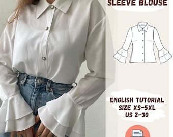 Patrón digital de blusa con mangas acampanadas (PDF), blusa para niña, tallas XS a 5XL.