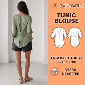 May include: A sewing pattern for a tunic blouse featuring a sage green long-sleeve top with a button-down back detail and black shorts. The orange graphic includes technical line drawings of the front and back of the blouse, text reading SEWING PATTERN TUNIC BLOUSE, ENGLISH TUTORIAL, SIZE: S-3XL, and PDF A4/A0 US LETTER icons.