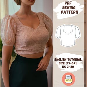 May include: A PDF sewing pattern for a cropped top with puffed sleeves. The pattern includes an English tutorial and is available in sizes XS-5XL (US 2-30).