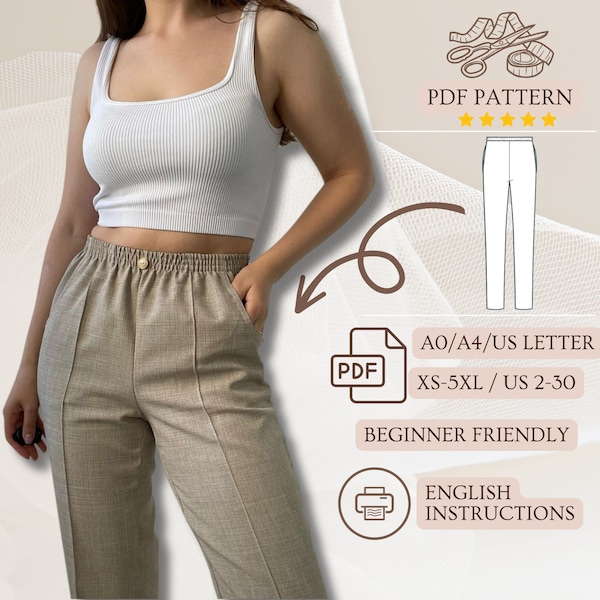 Elastic Waist Sewing Pattern, Inseam Pockets PDF Instant Download A0 or Letter A4 Pattern English Instructions, XS-5XL