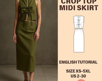 Patrón de costura de top corto de lino y falda midi: conjunto de verano de dos piezas (PDF, tallas XS-5XL) Tutorial en inglés