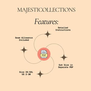 May include: Cream-colored graphic with the text "MAJESTICOLLECTIONS" and "Features:". The image highlights features like "Seam Allowance Included", "Detailed Instructions", and "Size XS-5XL US 2-30". A PDF icon is also present.
