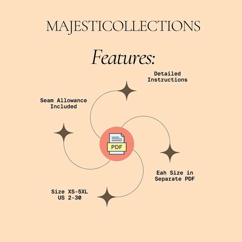 May include: Cream-colored graphic with the text "MAJESTICOLLECTIONS" and "Features:". The image highlights features like "Seam Allowance Included", "Detailed Instructions", and "Size XS-5XL US 2-30". A PDF icon is also present.