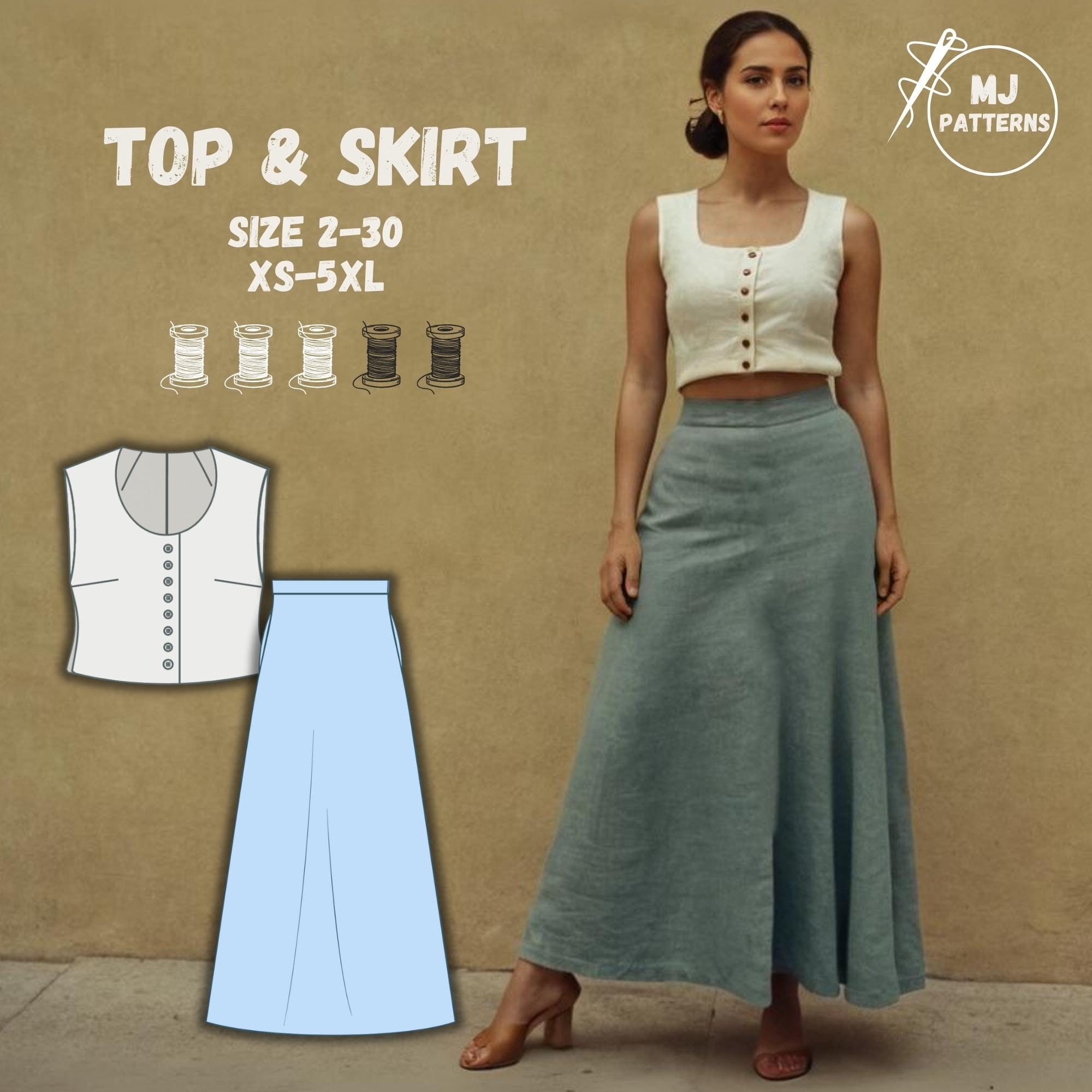 Linen Two-piece Sewing Pattern - PDF, Cropped Button-up Top and High ...