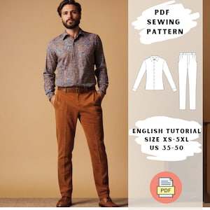 Op de afbeelding: PDF-naaipatroon voor een shirt en broek. Het patroon bevat een Engelse tutorial en is verkrijgbaar in de maten XS-5XL (NL 35-50).