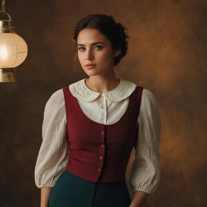 May include: A woman wearing a white blouse with a lace collar, a burgundy vest, and a dark green skirt. She is standing in front of a brown background.