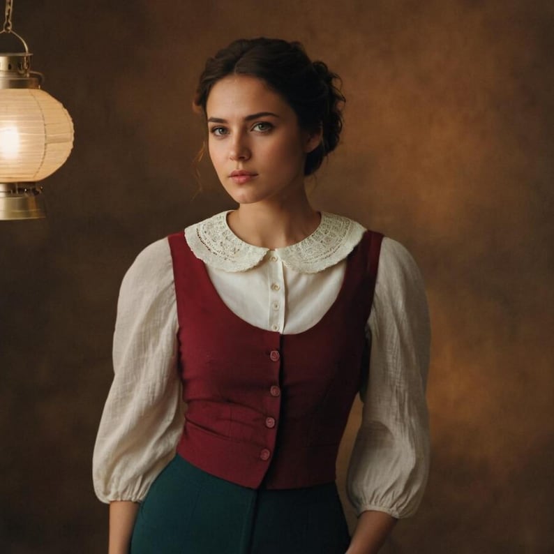 May include: A woman wearing a white blouse with a lace collar, a burgundy vest, and a dark green skirt. She is standing in front of a brown background.