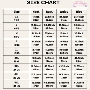 May include: A size chart with measurements in inches and centimeters for clothing sizes XS to 5XL. The chart includes neck, bust, waist, and hip measurements, with corresponding US sizes.