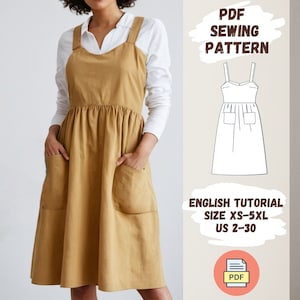 Linen Pinafore Apron Dress Sewing Pattern | Straps Dress | Pockets Dress | Gathered Skirt | Literary Art | Minimalist Dress | PDF
