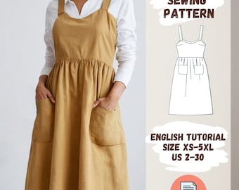 May include: A PDF sewing pattern for a brown pinafore dress with pockets. The pattern includes an English tutorial and is available in sizes XS-5XL (US 2-30).