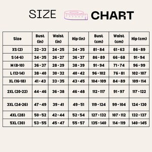 May include: Size chart for clothing with measurements in inches and centimeters. The chart shows bust, waist, and hip measurements for sizes XS to 5XL.
