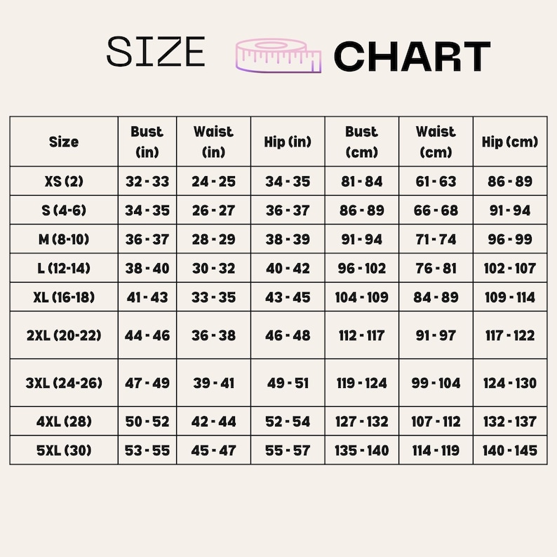 May include: Size chart for clothing with measurements in inches and centimeters. The chart shows bust, waist, and hip measurements for sizes XS to 5XL.
