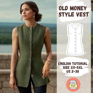 Pode incluir: Colete verde-oliva com botões na frente. O colete tem um corte sob medida e decote redondo. A imagem também inclui um desenho linear do colete e o texto "OLD MONEY STYLE VEST".
