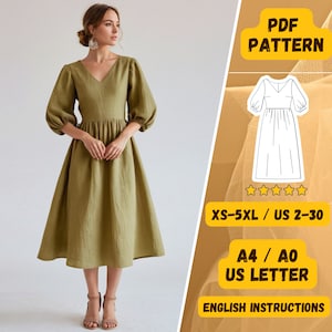 Linen Dress PDF Sewing Pattern | V-Neck Balloon Sleeve Dress | Sizes XS-5XL | US 2-30 | Bishop Sleeve | Beginner-Friendly