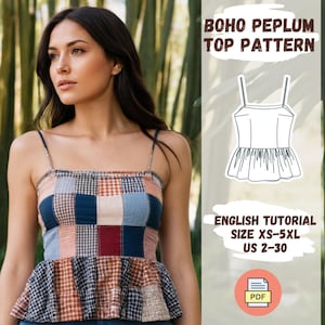 May include: A digital download pattern for a boho peplum top with a ruffled hem. The pattern includes an English tutorial and is available in sizes XS-5XL (US 2-30).