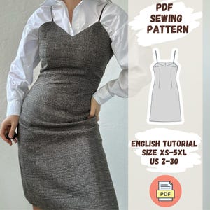 Könnte beinhalten: Ein PDF-Schnittmuster für ein ärmelloses Kleid mit V-Ausschnitt. Das Schnittmuster enthält eine englische Anleitung und ist in den Größen XS-5XL (DE 32-48) erhältlich.