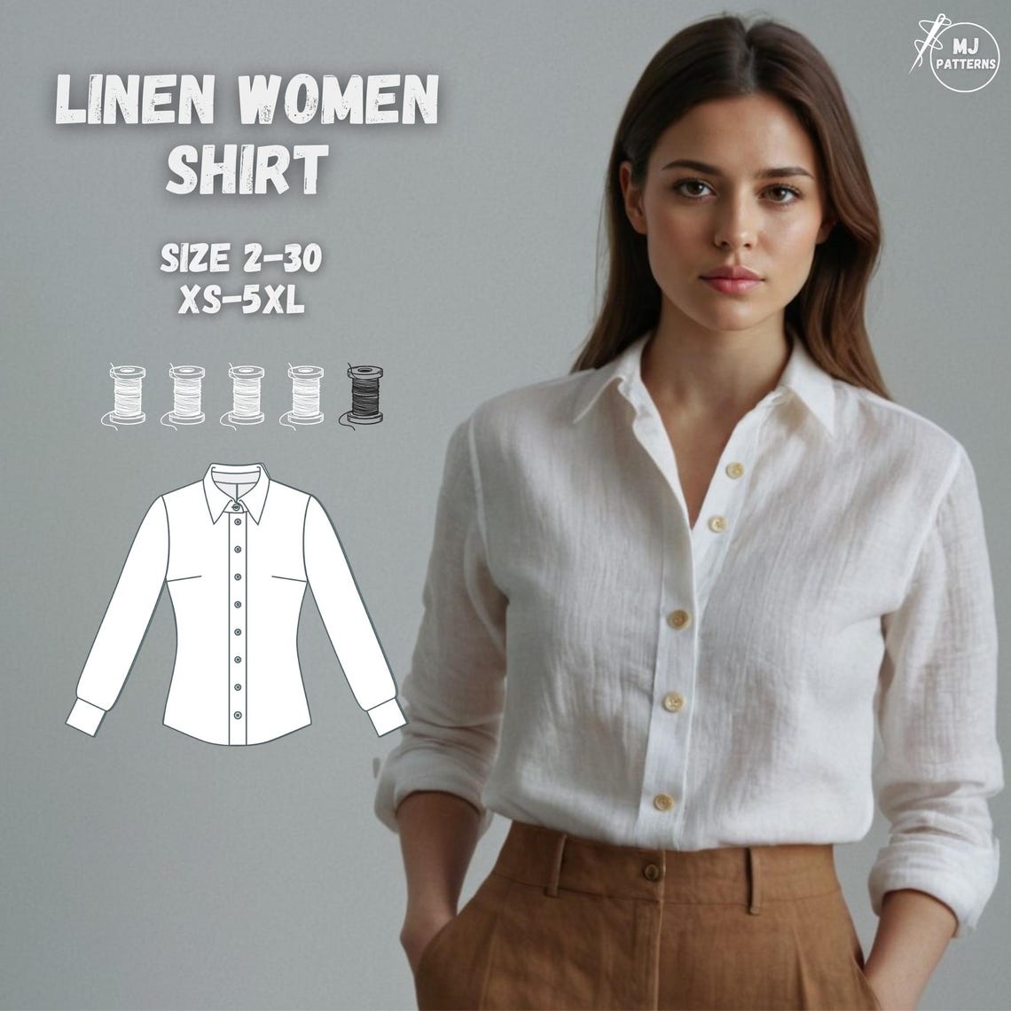 Linen Shirt Sewing Pattern for Women, Long Sleeve Button up Blouse PDF ...